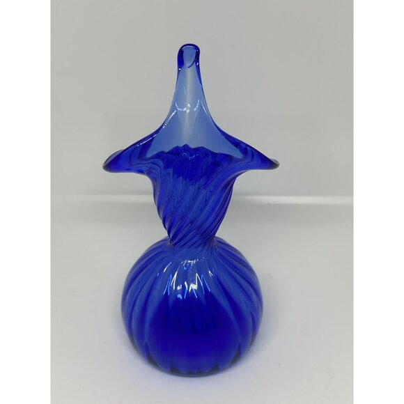 VTG MCM Sapphire Jack-in-the-Pulpit Vase Hand Blown Ribbed Glass Decor – 7"x3.5" - Picture 3 of 7